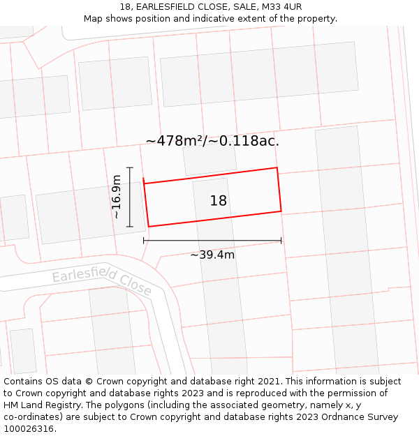 18, EARLESFIELD CLOSE, SALE, M33 4UR: Plot and title map