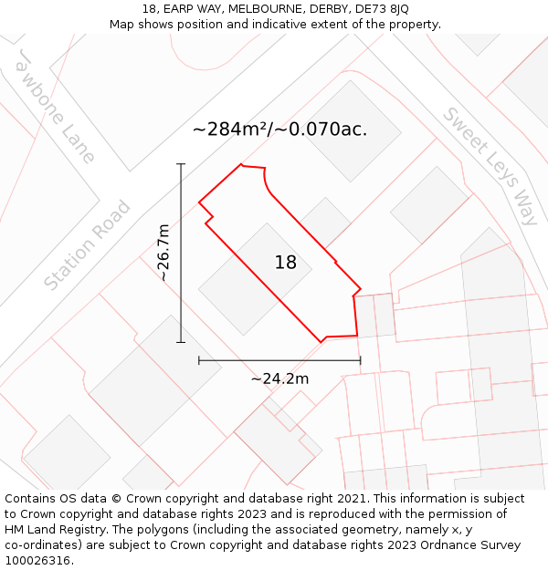 18, EARP WAY, MELBOURNE, DERBY, DE73 8JQ: Plot and title map