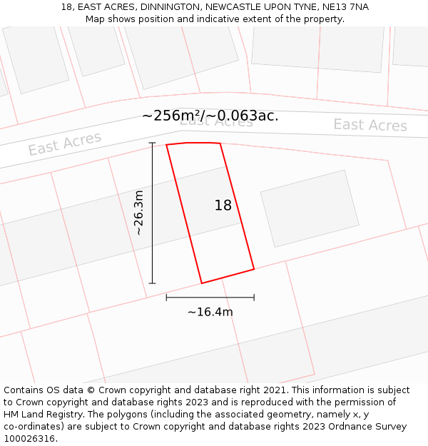 18, EAST ACRES, DINNINGTON, NEWCASTLE UPON TYNE, NE13 7NA: Plot and title map