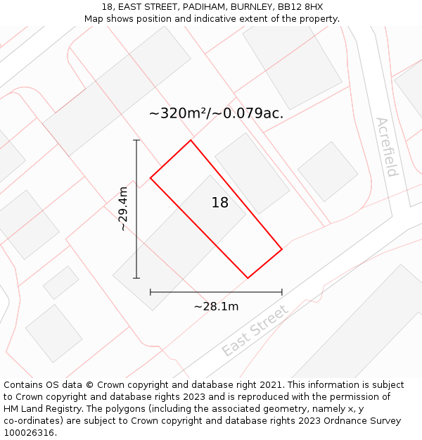 18, EAST STREET, PADIHAM, BURNLEY, BB12 8HX: Plot and title map