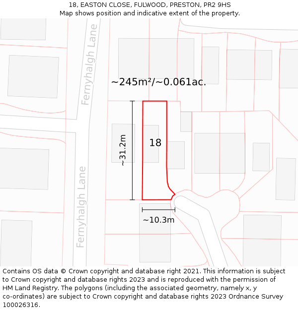 18, EASTON CLOSE, FULWOOD, PRESTON, PR2 9HS: Plot and title map