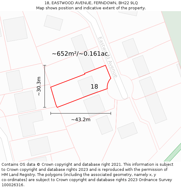 18, EASTWOOD AVENUE, FERNDOWN, BH22 9LQ: Plot and title map