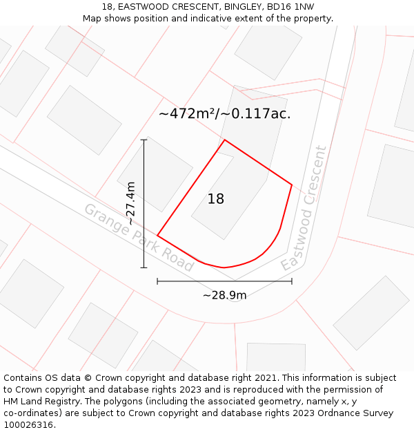 18, EASTWOOD CRESCENT, BINGLEY, BD16 1NW: Plot and title map