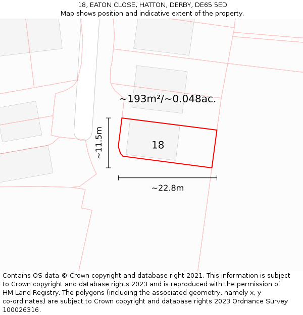 18, EATON CLOSE, HATTON, DERBY, DE65 5ED: Plot and title map