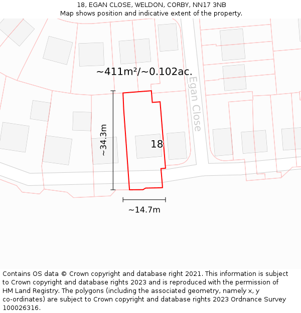 18, EGAN CLOSE, WELDON, CORBY, NN17 3NB: Plot and title map