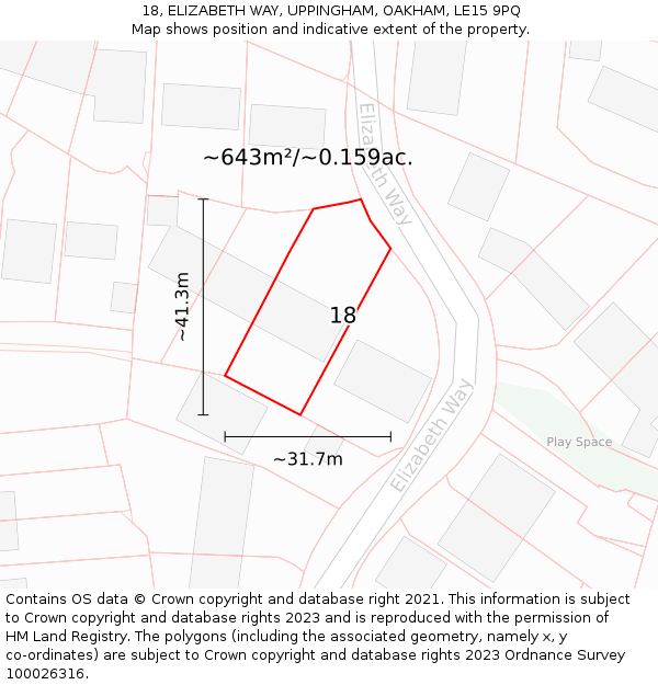 18, ELIZABETH WAY, UPPINGHAM, OAKHAM, LE15 9PQ: Plot and title map
