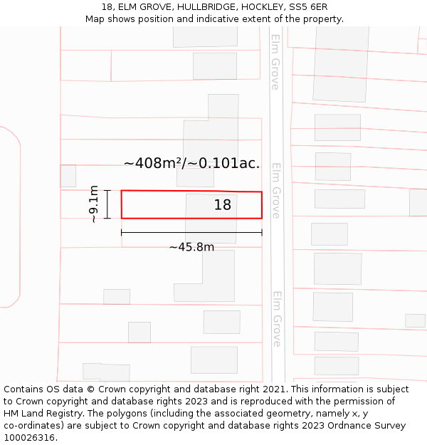 18, ELM GROVE, HULLBRIDGE, HOCKLEY, SS5 6ER: Plot and title map