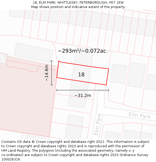 18, ELM PARK, WHITTLESEY, PETERBOROUGH, PE7 1EW: Plot and title map
