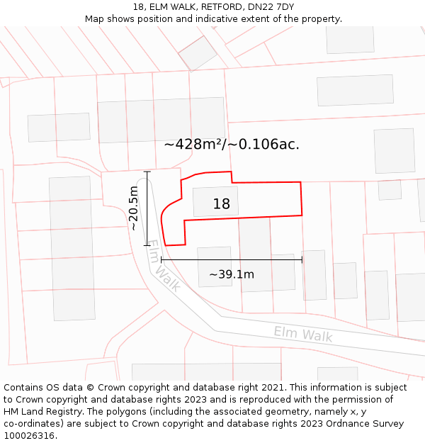 18, ELM WALK, RETFORD, DN22 7DY: Plot and title map