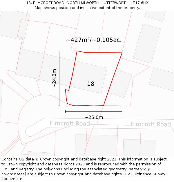 18, ELMCROFT ROAD, NORTH KILWORTH, LUTTERWORTH, LE17 6HX: Plot and title map