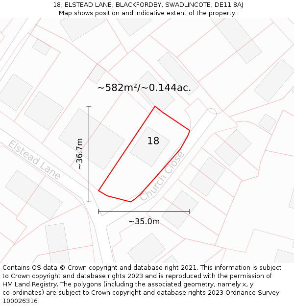 18, ELSTEAD LANE, BLACKFORDBY, SWADLINCOTE, DE11 8AJ: Plot and title map