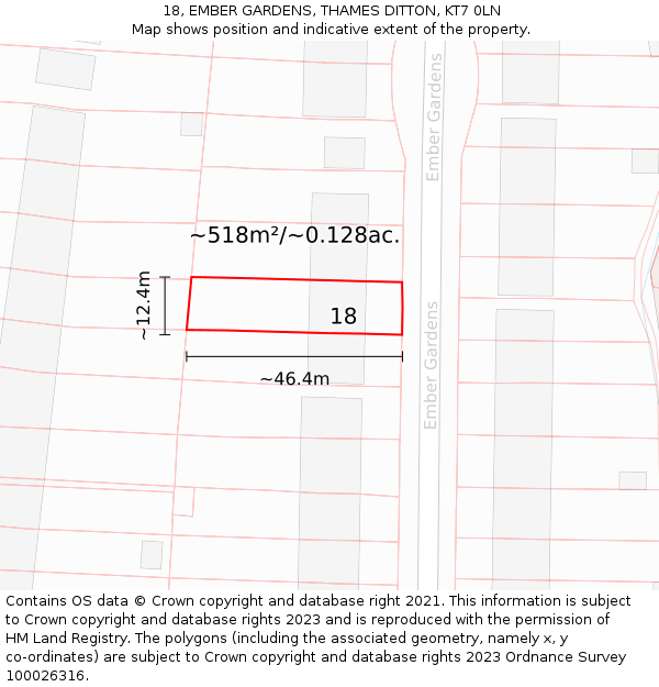 18, EMBER GARDENS, THAMES DITTON, KT7 0LN: Plot and title map