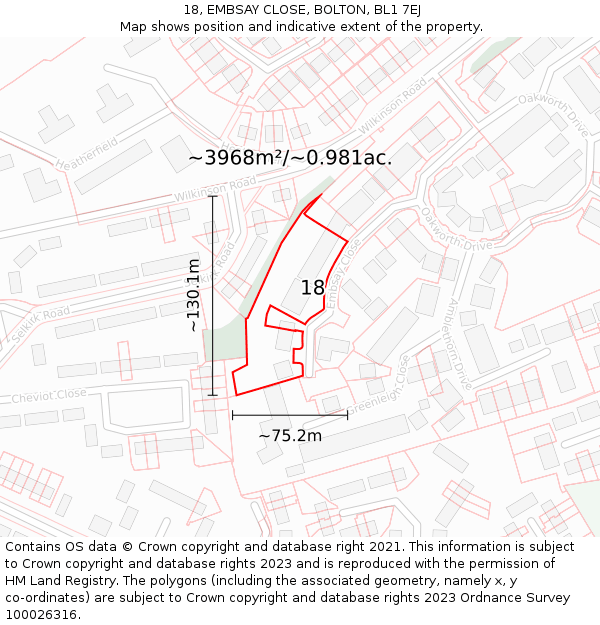18, EMBSAY CLOSE, BOLTON, BL1 7EJ: Plot and title map