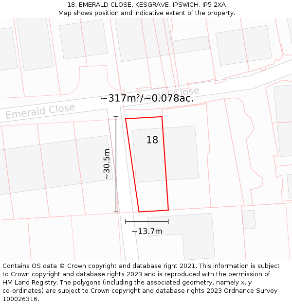 18, EMERALD CLOSE, KESGRAVE, IPSWICH, IP5 2XA: Plot and title map