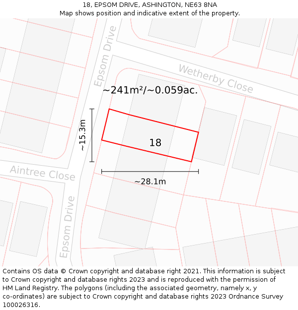 18, EPSOM DRIVE, ASHINGTON, NE63 8NA: Plot and title map