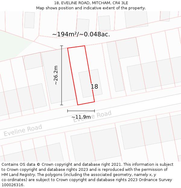 18, EVELINE ROAD, MITCHAM, CR4 3LE: Plot and title map