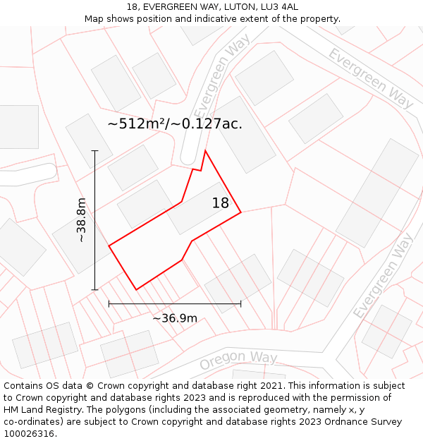 18, EVERGREEN WAY, LUTON, LU3 4AL: Plot and title map