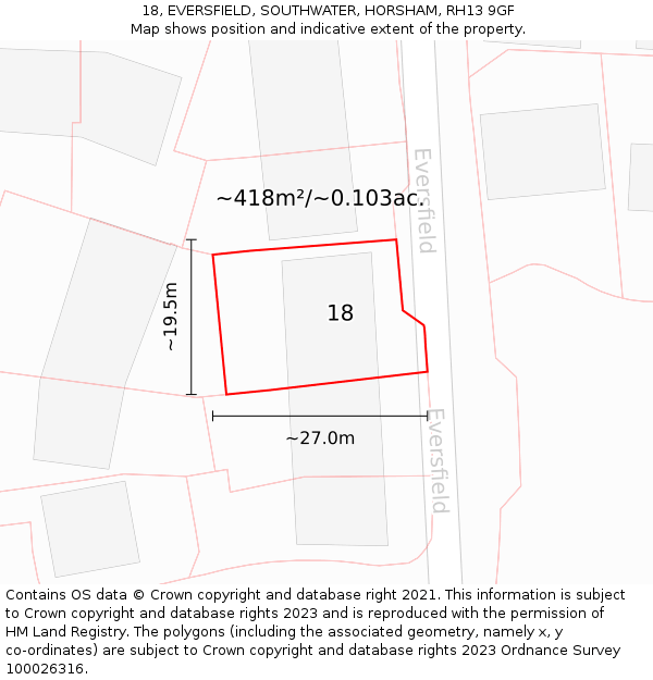 18, EVERSFIELD, SOUTHWATER, HORSHAM, RH13 9GF: Plot and title map