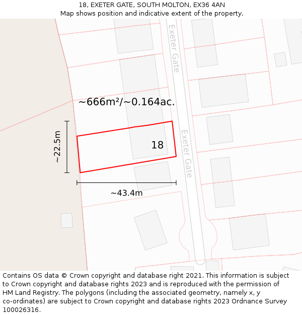 18, EXETER GATE, SOUTH MOLTON, EX36 4AN: Plot and title map