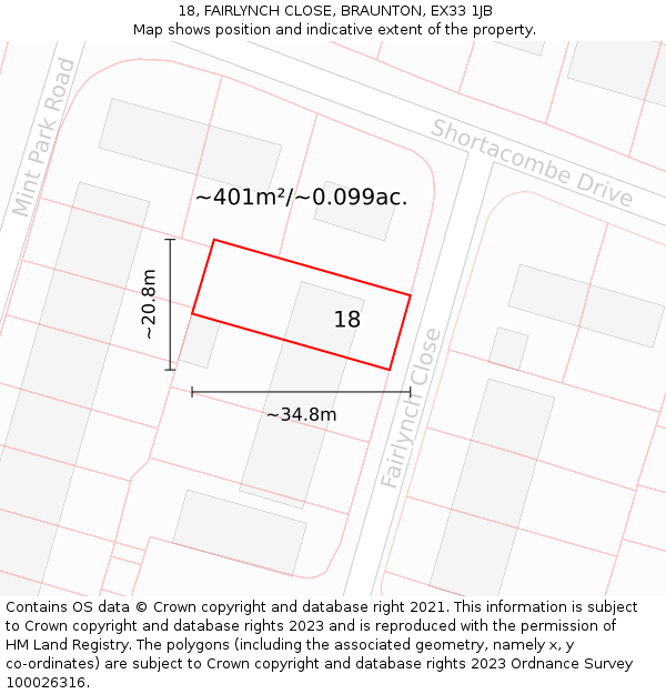 18, FAIRLYNCH CLOSE, BRAUNTON, EX33 1JB: Plot and title map