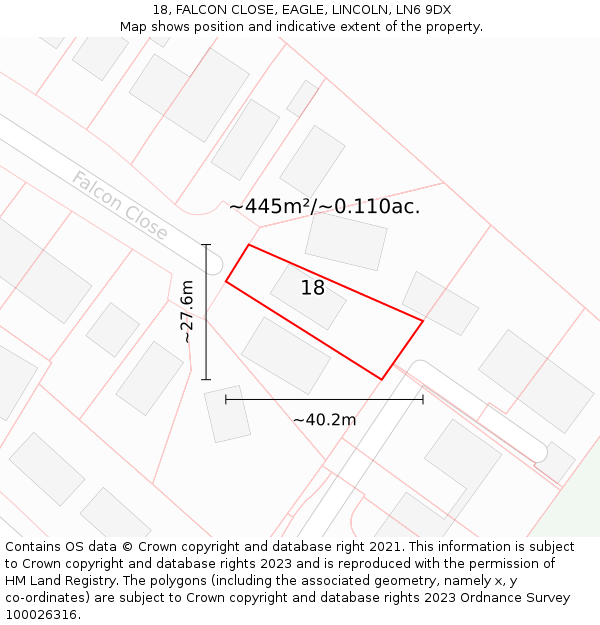 18, FALCON CLOSE, EAGLE, LINCOLN, LN6 9DX: Plot and title map