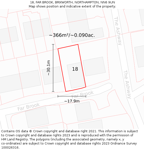 18, FAR BROOK, BRIXWORTH, NORTHAMPTON, NN6 9UN: Plot and title map
