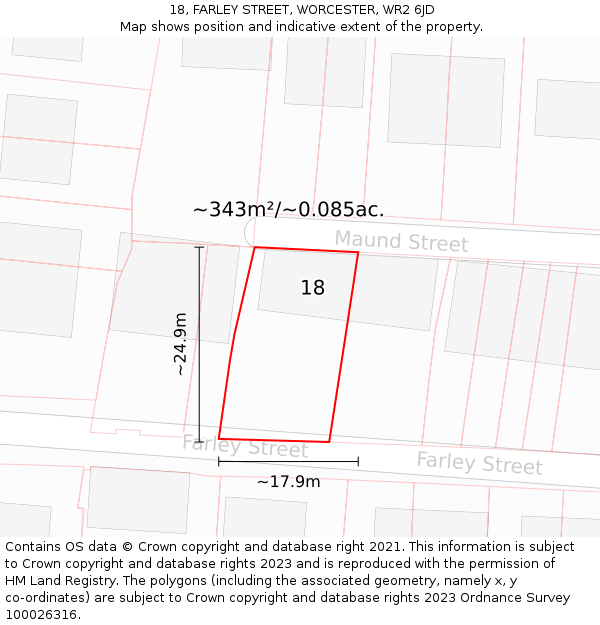 18, FARLEY STREET, WORCESTER, WR2 6JD: Plot and title map