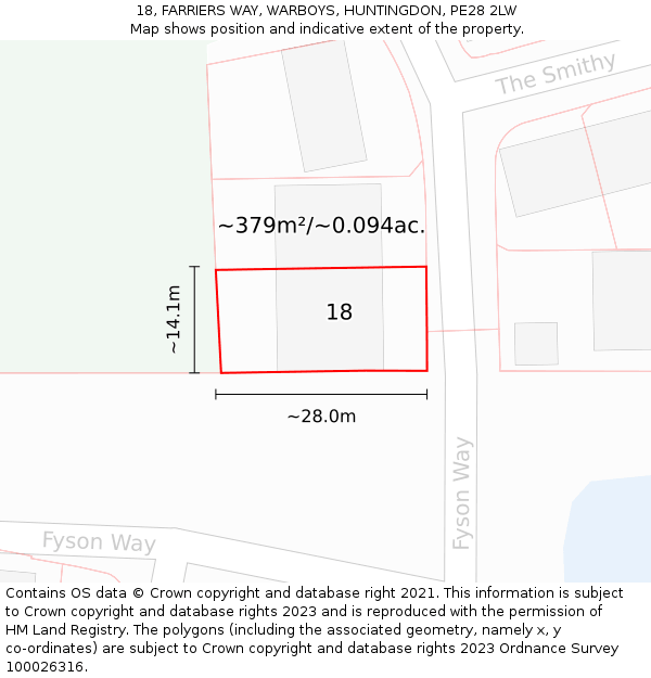 18, FARRIERS WAY, WARBOYS, HUNTINGDON, PE28 2LW: Plot and title map