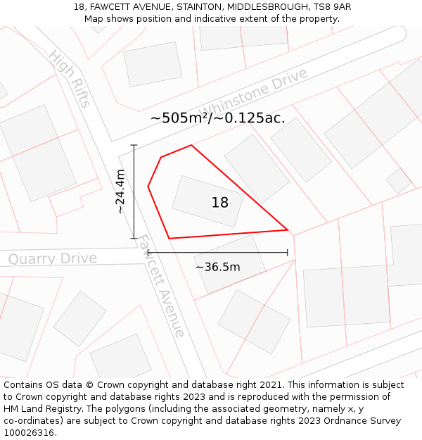 18, FAWCETT AVENUE, STAINTON, MIDDLESBROUGH, TS8 9AR: Plot and title map