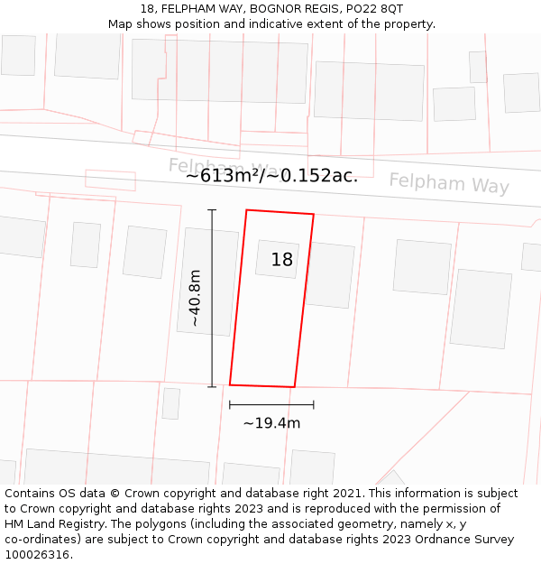18, FELPHAM WAY, BOGNOR REGIS, PO22 8QT: Plot and title map