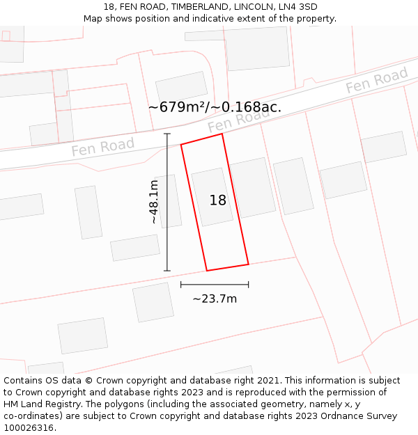 18, FEN ROAD, TIMBERLAND, LINCOLN, LN4 3SD: Plot and title map