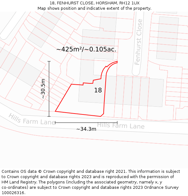 18, FENHURST CLOSE, HORSHAM, RH12 1UX: Plot and title map