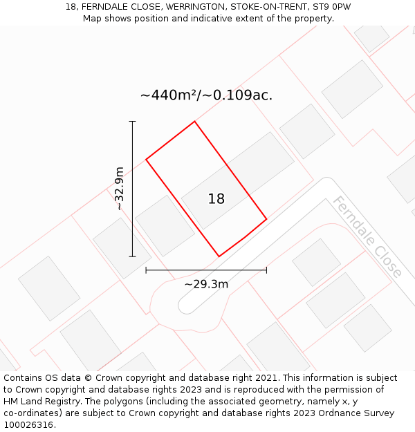 18, FERNDALE CLOSE, WERRINGTON, STOKE-ON-TRENT, ST9 0PW: Plot and title map