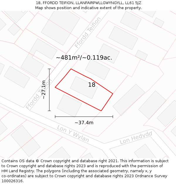 18, FFORDD TEIFION, LLANFAIRPWLLGWYNGYLL, LL61 5JZ: Plot and title map