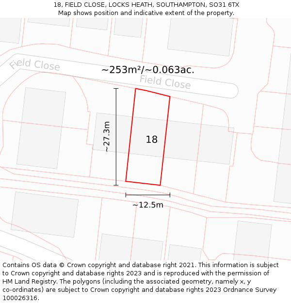 18, FIELD CLOSE, LOCKS HEATH, SOUTHAMPTON, SO31 6TX: Plot and title map