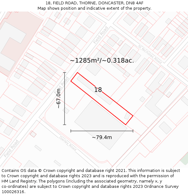 18, FIELD ROAD, THORNE, DONCASTER, DN8 4AF: Plot and title map