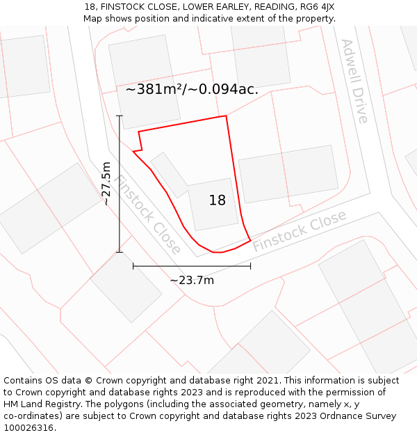 18, FINSTOCK CLOSE, LOWER EARLEY, READING, RG6 4JX: Plot and title map