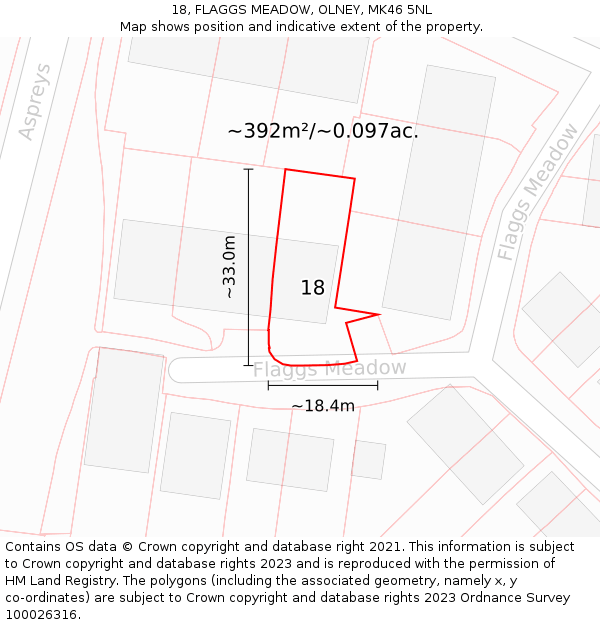 18, FLAGGS MEADOW, OLNEY, MK46 5NL: Plot and title map