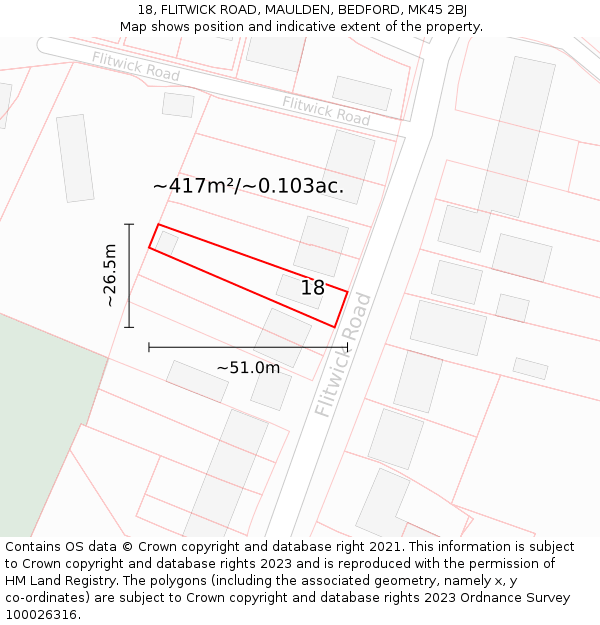 18, FLITWICK ROAD, MAULDEN, BEDFORD, MK45 2BJ: Plot and title map