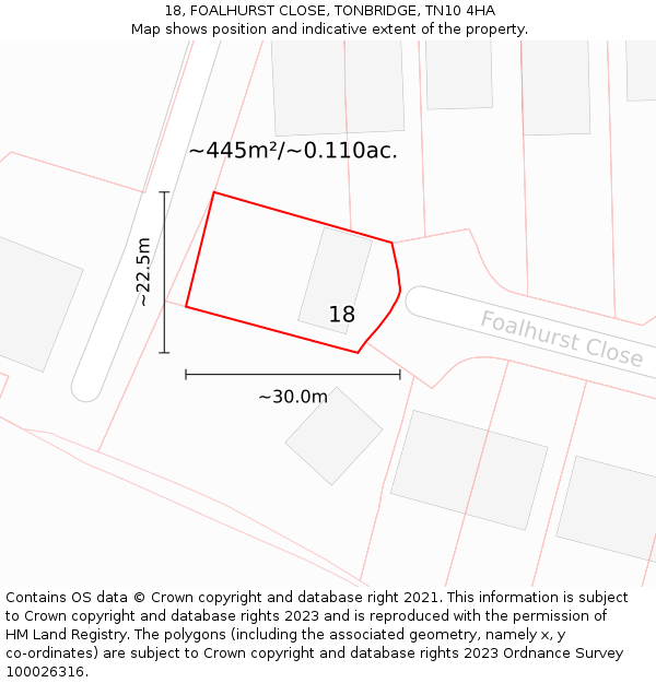 18, FOALHURST CLOSE, TONBRIDGE, TN10 4HA: Plot and title map