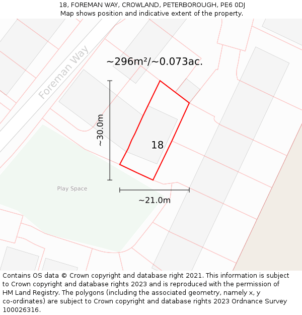 18, FOREMAN WAY, CROWLAND, PETERBOROUGH, PE6 0DJ: Plot and title map