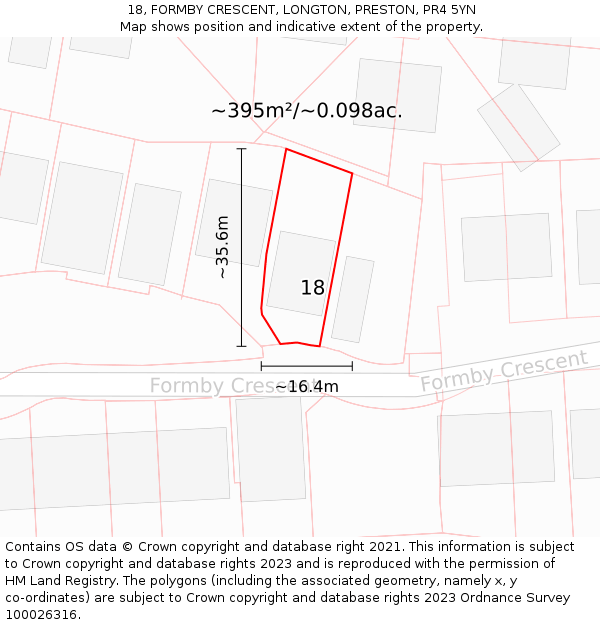 18, FORMBY CRESCENT, LONGTON, PRESTON, PR4 5YN: Plot and title map