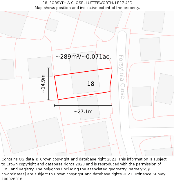 18, FORSYTHIA CLOSE, LUTTERWORTH, LE17 4FD: Plot and title map
