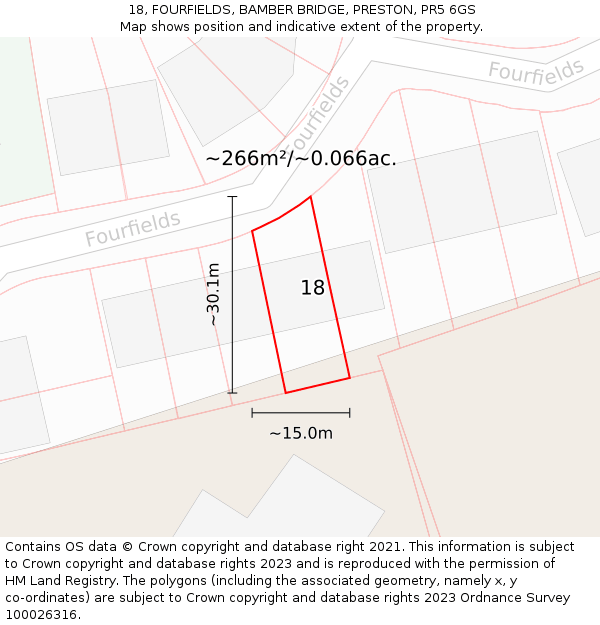 18, FOURFIELDS, BAMBER BRIDGE, PRESTON, PR5 6GS: Plot and title map