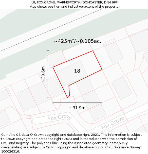 18, FOX GROVE, WARMSWORTH, DONCASTER, DN4 9PF: Plot and title map