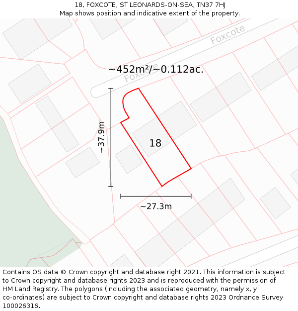 18, FOXCOTE, ST LEONARDS-ON-SEA, TN37 7HJ: Plot and title map