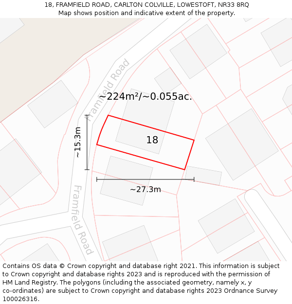 18, FRAMFIELD ROAD, CARLTON COLVILLE, LOWESTOFT, NR33 8RQ: Plot and title map