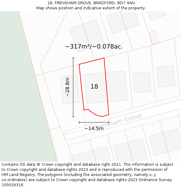 18, FRENSHAM GROVE, BRADFORD, BD7 4AN: Plot and title map