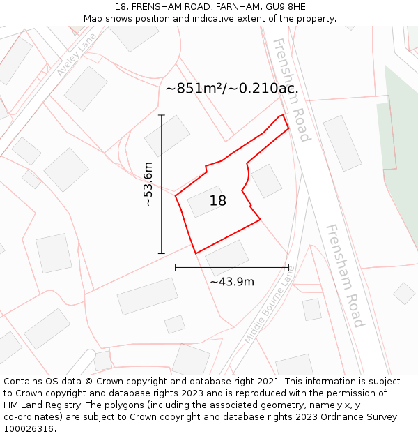 18, FRENSHAM ROAD, FARNHAM, GU9 8HE: Plot and title map