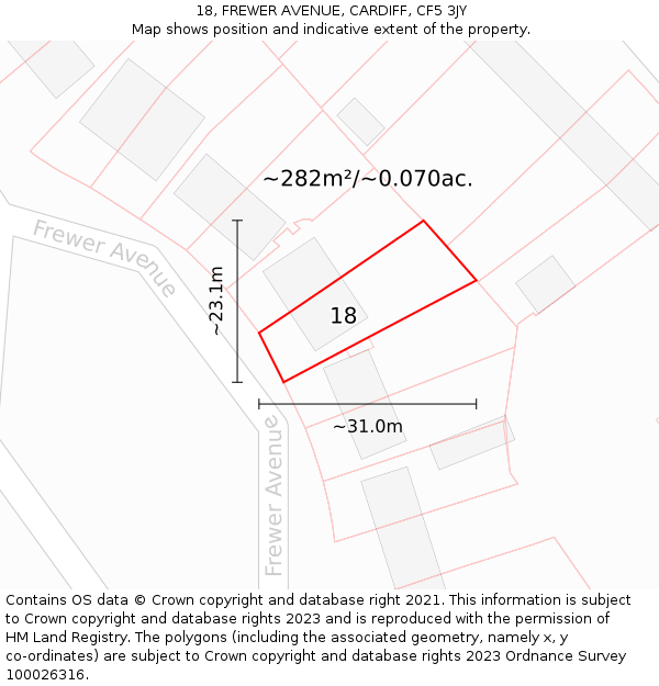 18, FREWER AVENUE, CARDIFF, CF5 3JY: Plot and title map